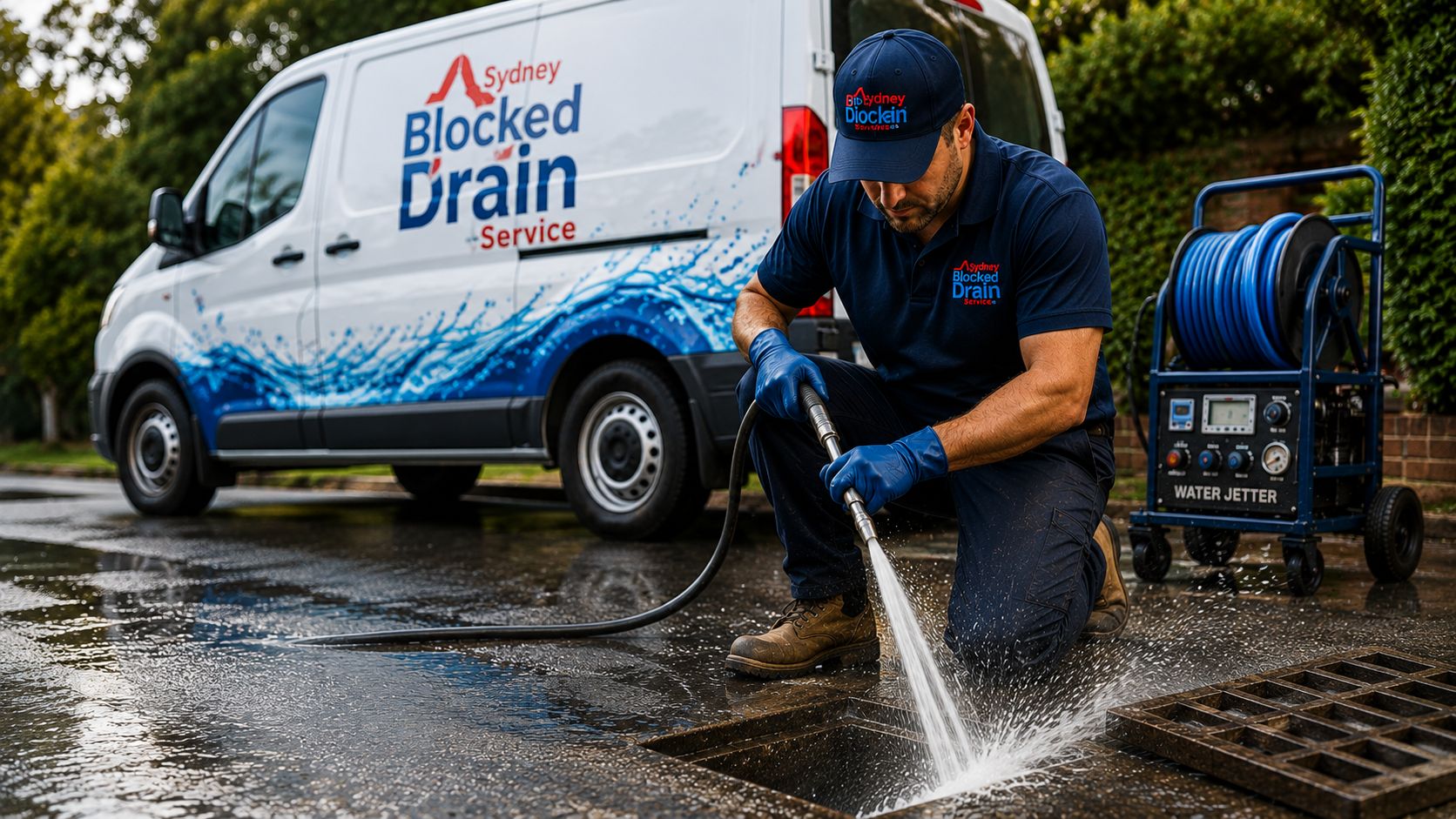 High pressure water jetting plumber clearing a blocked stormwater drain beside a Sydney Blocked Drain Service van in Sydney