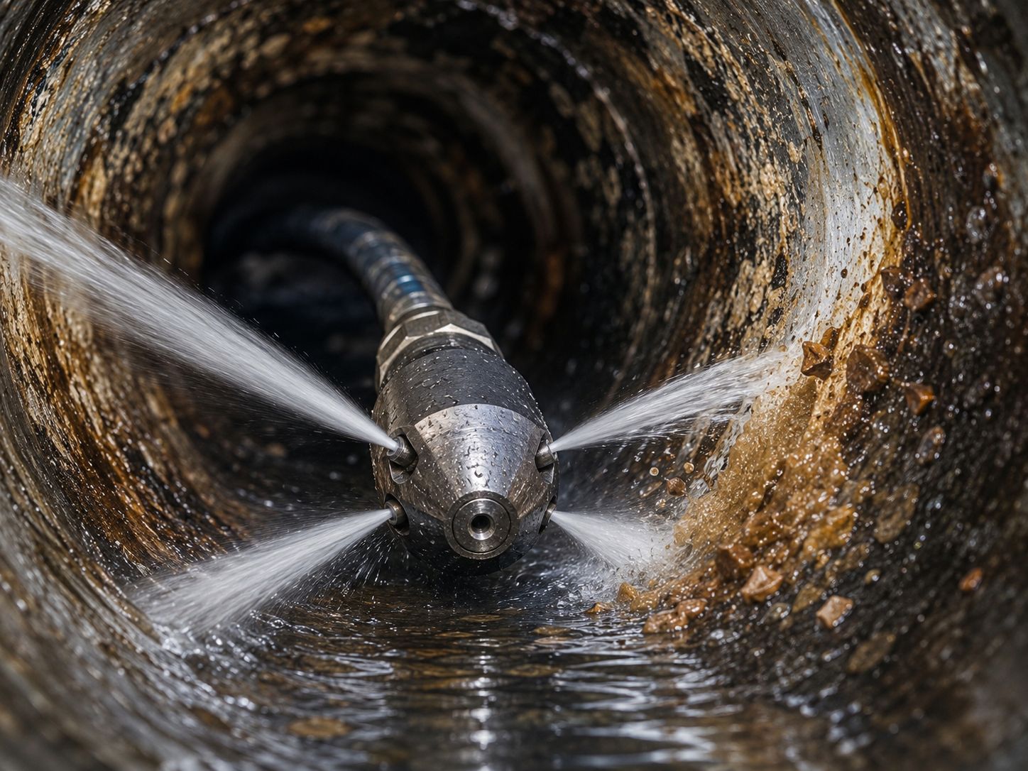 High Pressure Water Jetting Sydney | Drain Cleaning Nozzle High pressure water jetting nozzle cleaning the inside of a blocked drain pipe by removing grease, sludge and debris